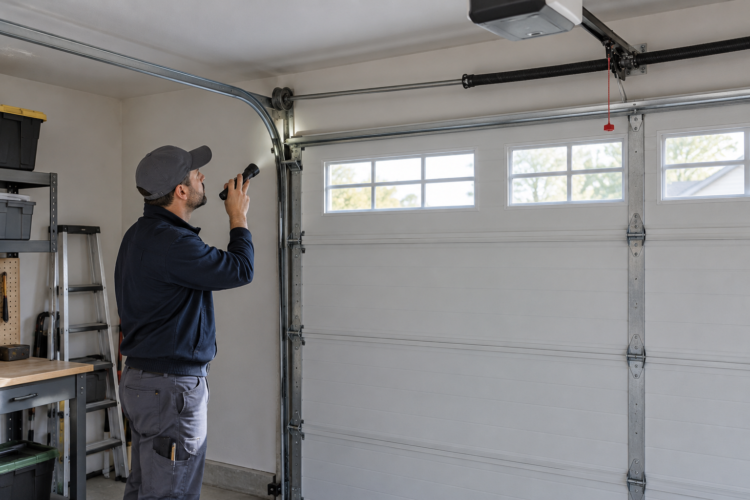 Illustration of a technician inspecting a stationary residential garage door track.