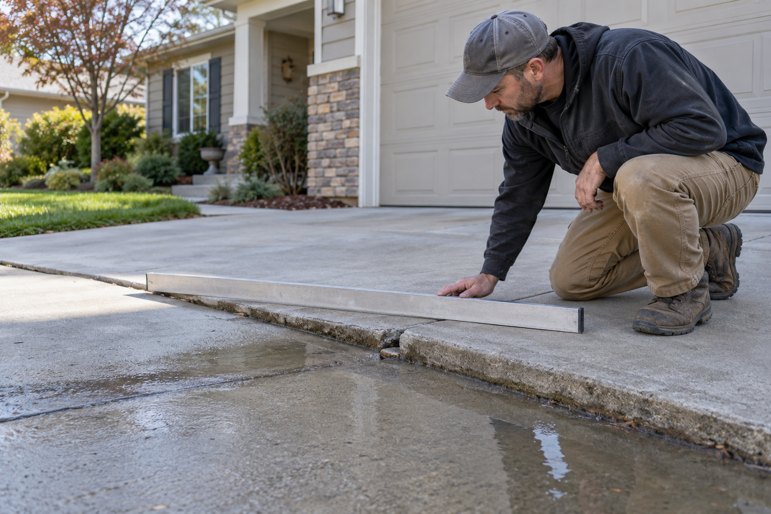 Illustration of a contractor assessing a sunken concrete driveway slab.